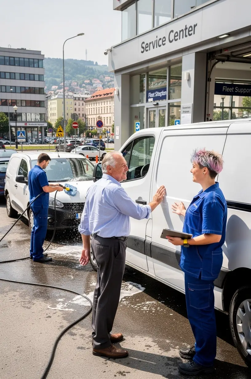 Zamestnanec servisu zapisuje údaje o stave vozidla do digitálneho systému správy flotily.